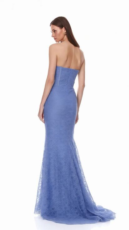 Mavi Straplez Drapeli Işıltılı Dantel Abiye Elbise