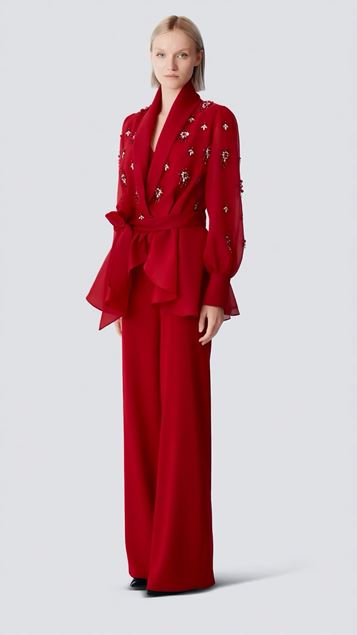 Set aus rotem perlenbesetztem ChiffonJacke und Hose