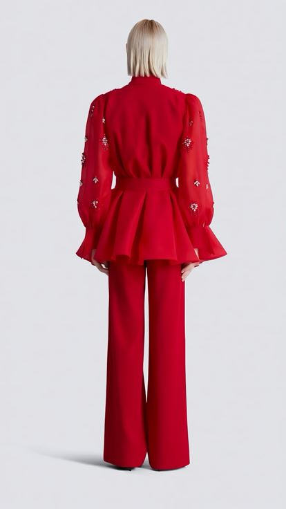 Kırmızı  İnci İşlemeli Şifon Ceketli Abiye Pantolon Takım