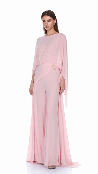 Pembe Tokalı Şifon Pelerinli Abiye Elbise