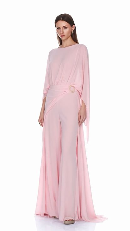 Pembe Tokalı Şifon Pelerinli Abiye Elbise