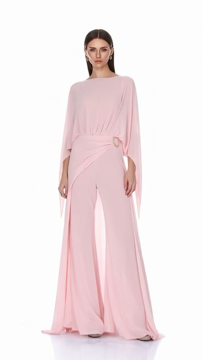 Pembe Tokalı Şifon Pelerinli Abiye Elbise