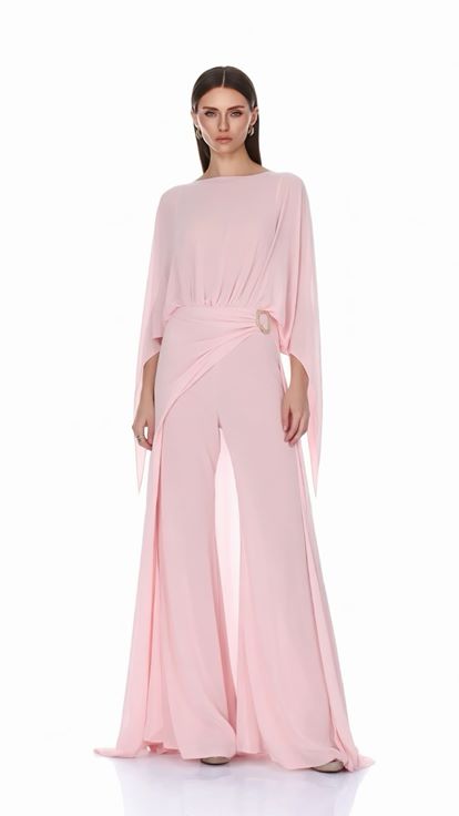 Pembe Tokalı Şifon Pelerinli Abiye Elbise