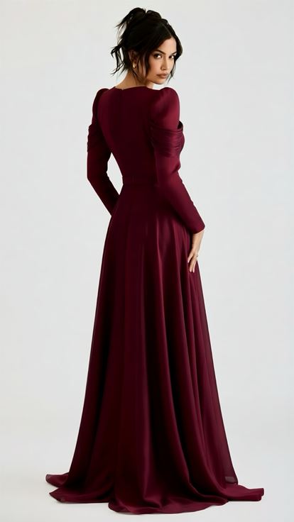 Burgundy Draped Shiny Evening Dress