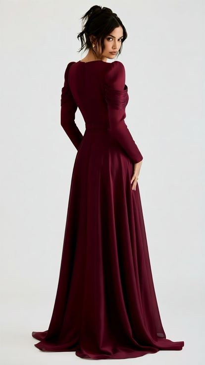 Burgundy Draped Shiny Evening Dress
