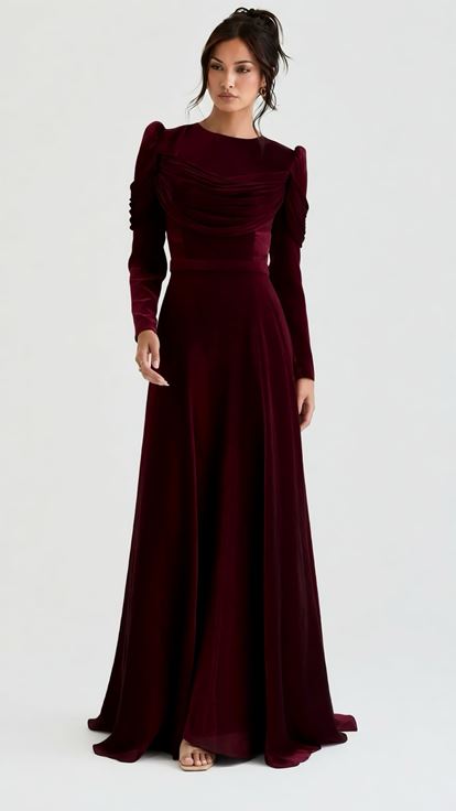 Burgundy Draped Shiny Evening Dress