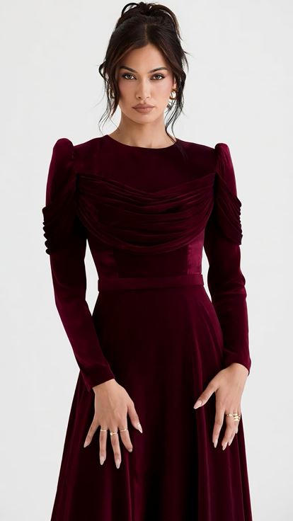 Burgundy Draped Shiny Evening Dress