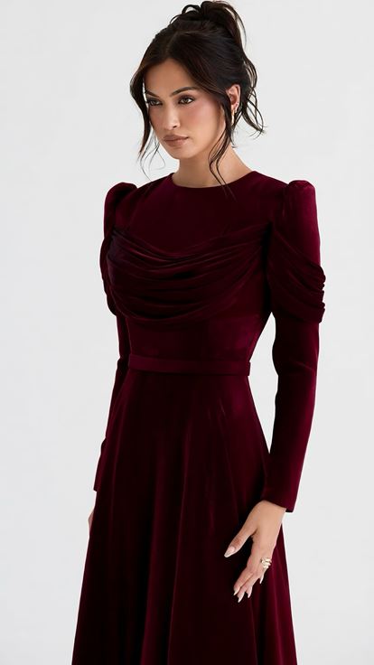 Burgundy Draped Shiny Evening Dress