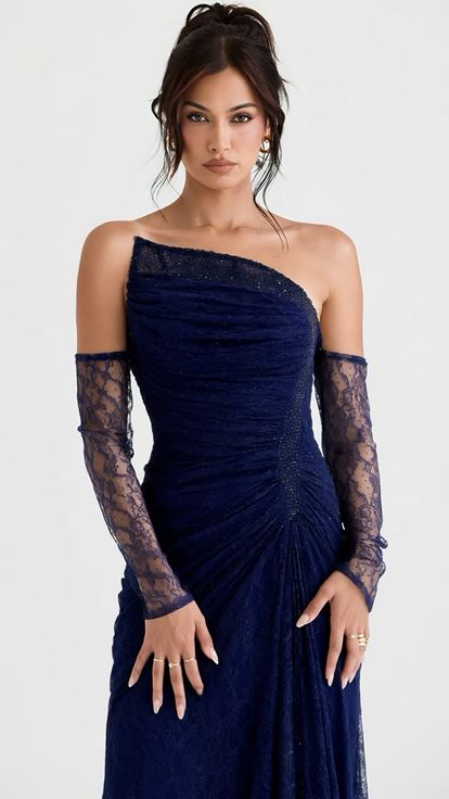 Lacivert Taş İşlemeli Drapeli  Abiye Elbise