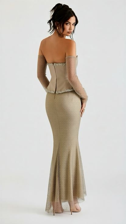Bej Eldiven Detaylı Peplum Abiye Elbise