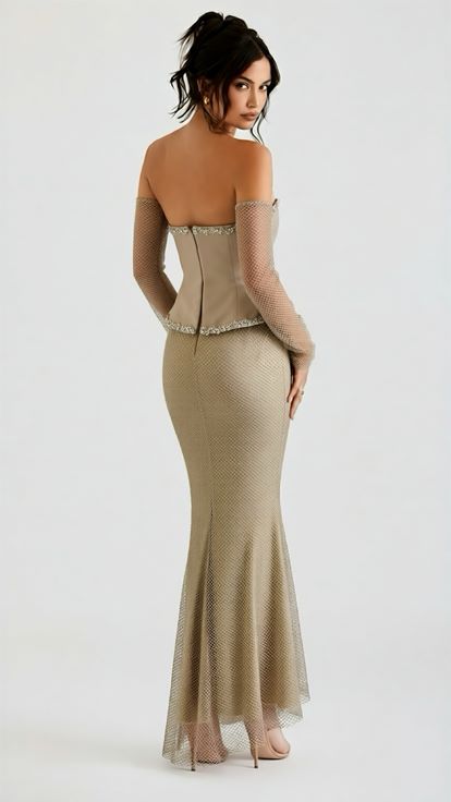 Bej Eldiven Detaylı Peplum Abiye Elbise