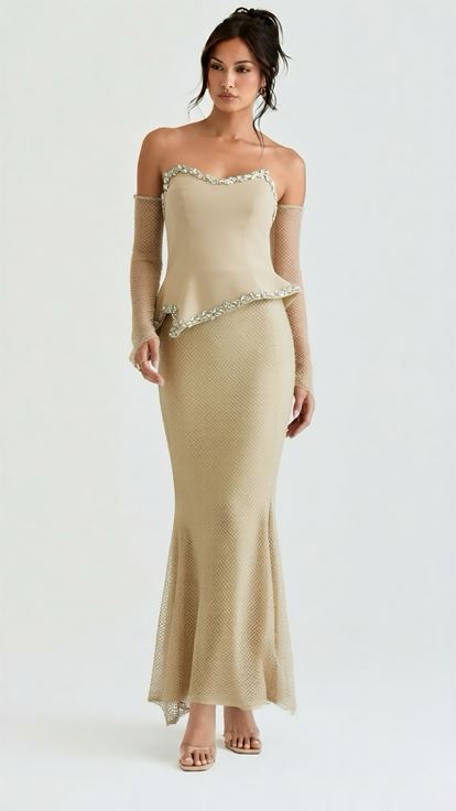 Bej Eldiven Detaylı Peplum Abiye Elbise
