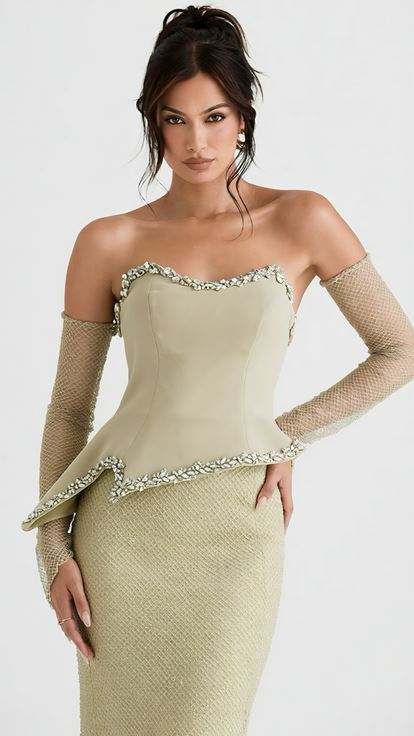 Bej Eldiven Detaylı Peplum Abiye Elbise