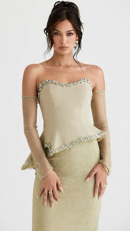 Bej Eldiven Detaylı Peplum Abiye Elbise