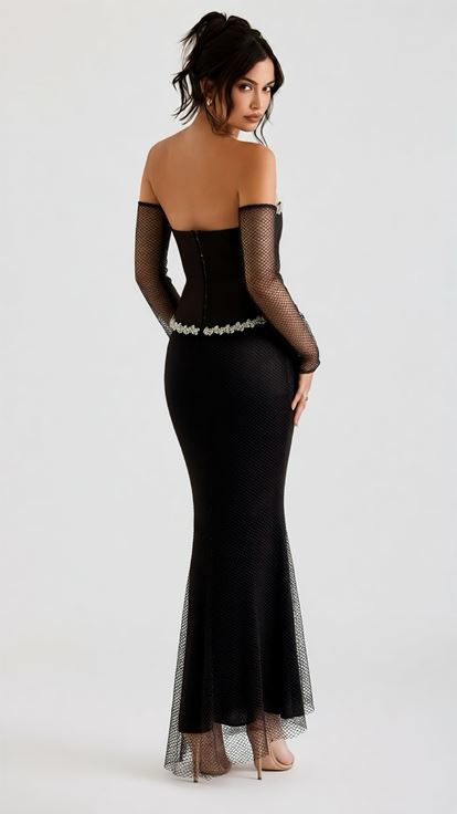 Kahverengi Eldiven Detaylı Peplum Abiye Elbise