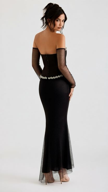 Kahverengi Eldiven Detaylı Peplum Abiye Elbise