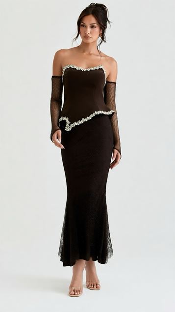 Kahverengi Eldiven Detaylı Peplum Abiye Elbise