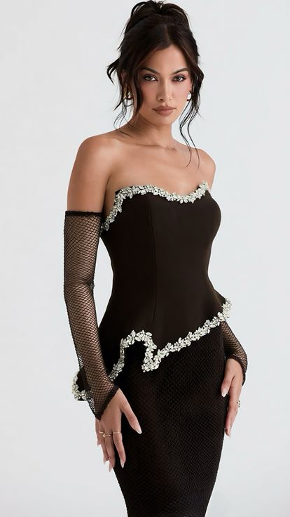 Kahverengi Eldiven Detaylı Peplum Abiye Elbise