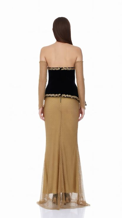 Siyah Gold Eldiven Detaylı Peplum Abiye Elbise