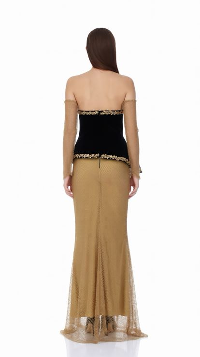 Siyah Gold Eldiven Detaylı Peplum Abiye Elbise