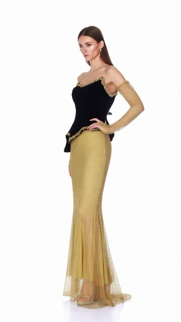 Siyah Gold Eldiven Detaylı Peplum Abiye Elbise