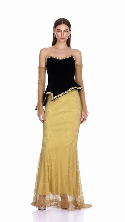 Siyah Gold Eldiven Detaylı Peplum Abiye Elbise