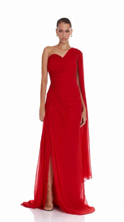 Red One Sleeve Evening Dress with Waist Detail