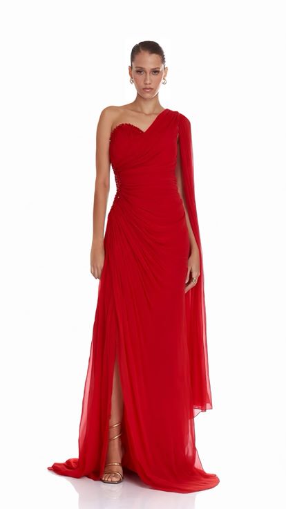 Red One Sleeve Evening Dress with Waist Detail