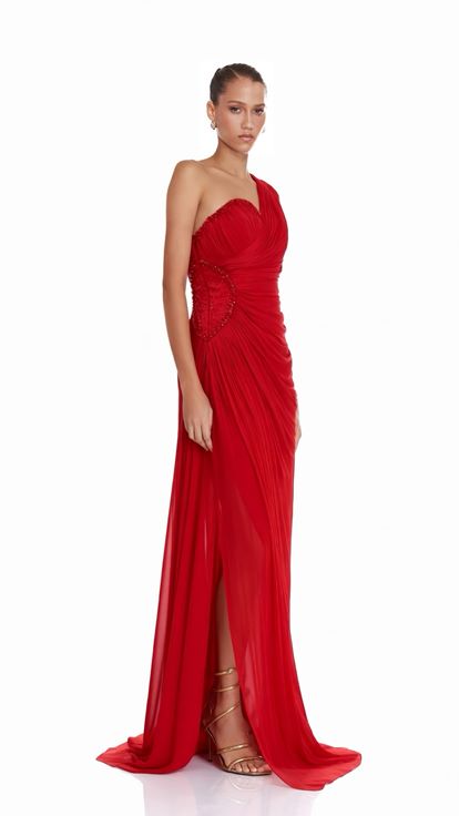 Red One Sleeve Evening Dress with Waist Detail
