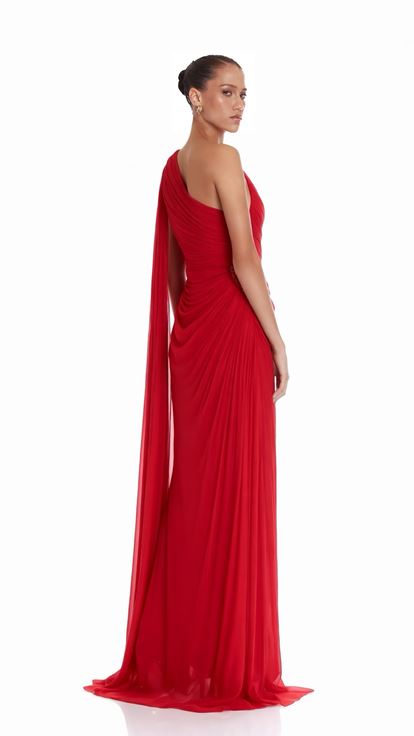 Red One Sleeve Evening Dress with Waist Detail