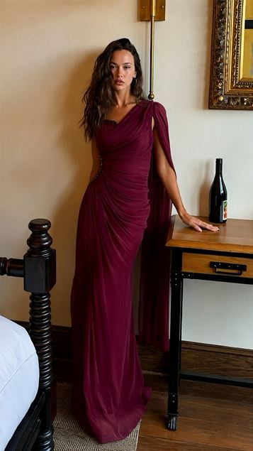 Burgundy One Sleeve Evening Dress with Waist Detail