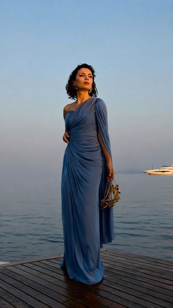 Indigo One Sleeve Evening Dress with Waist Detail