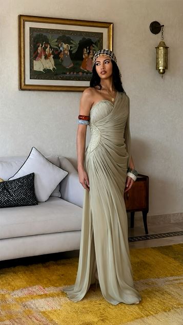 Mink One Sleeve Waist Detail Evening Dress