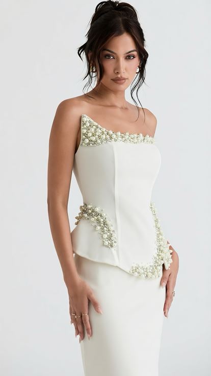 Beyaz Asimetrik Peplum Tasarım Abiye Elbise