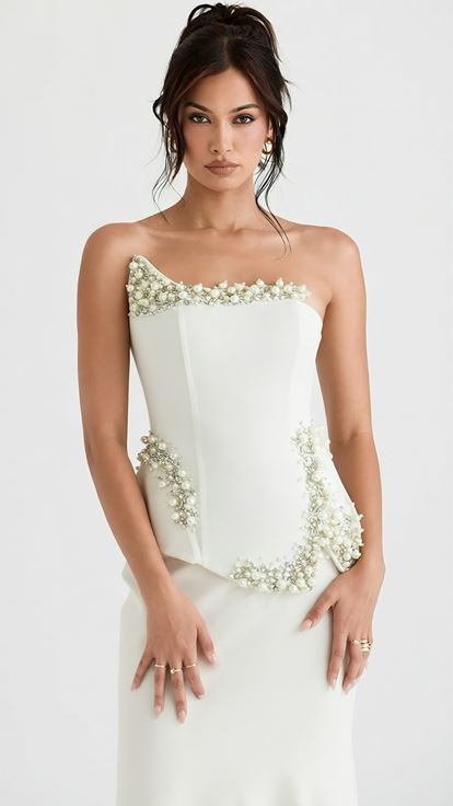 Beyaz Asimetrik Peplum Tasarım Abiye Elbise
