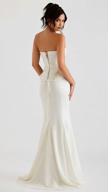 Beyaz Asimetrik Peplum Tasarım Abiye Elbise