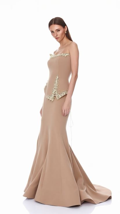 Bej Asimetrik Peplum Tasarım Abiye Elbise