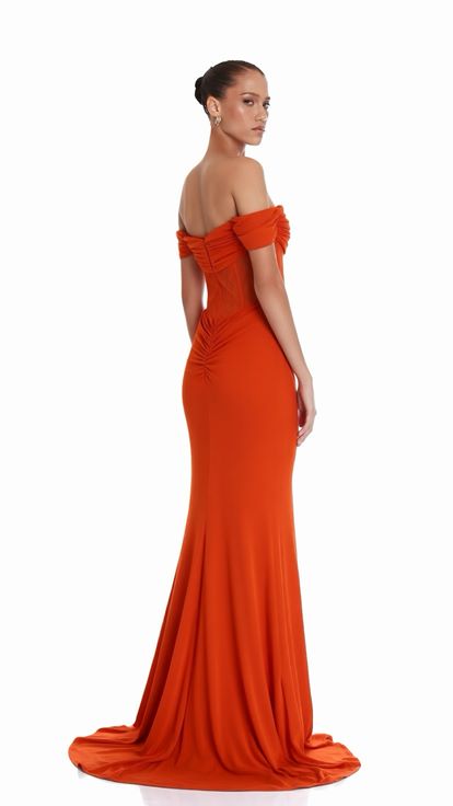 Orange Draped Evening Dress with Floral Accessories