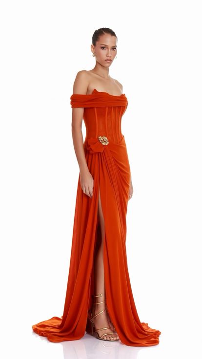 Orange Draped Evening Dress with Floral Accessories