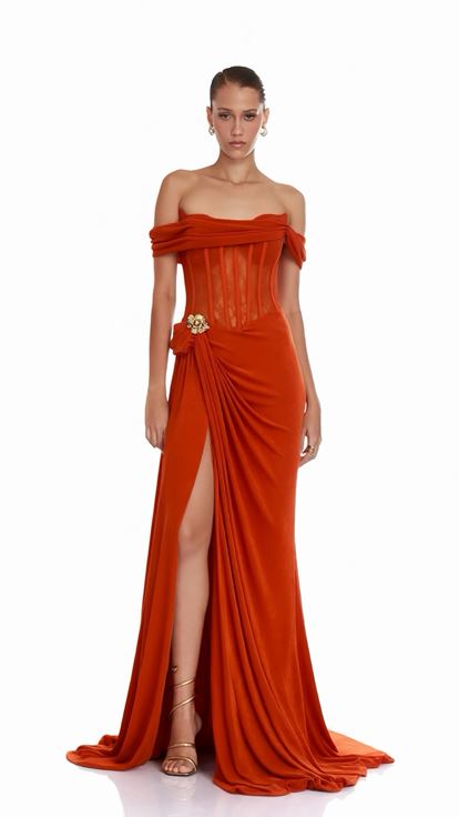 Orange Draped Evening Dress with Floral Accessories