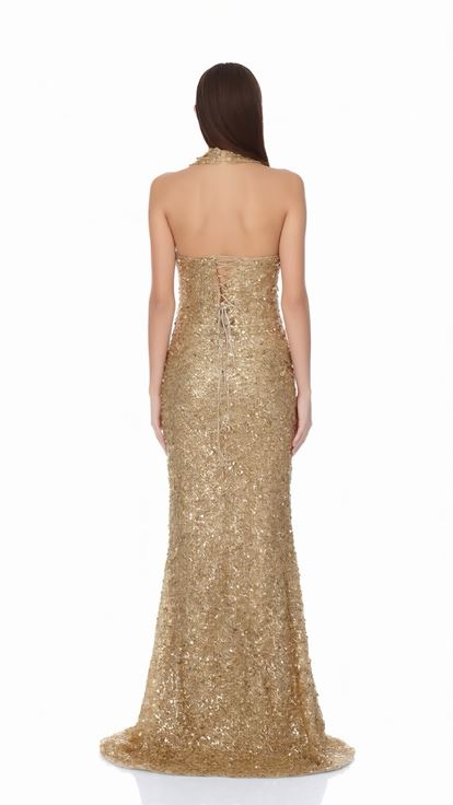 Gold Halter Yaka Işıltılı Abiye Elbise