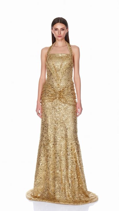 Gold Halter Yaka Işıltılı Abiye Elbise