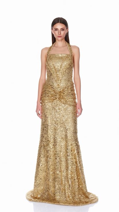 Gold Halter Yaka Işıltılı Abiye Elbise