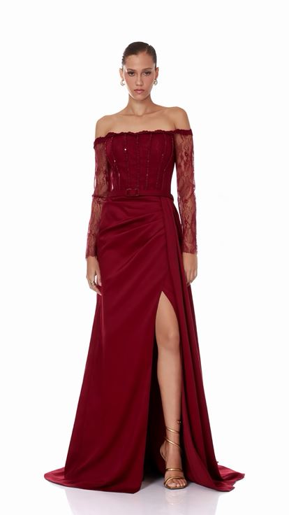 Bordo Dantelli Saten Abiye Elbise