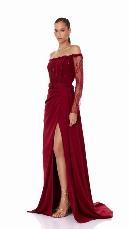 Bordo Dantelli Saten Abiye Elbise