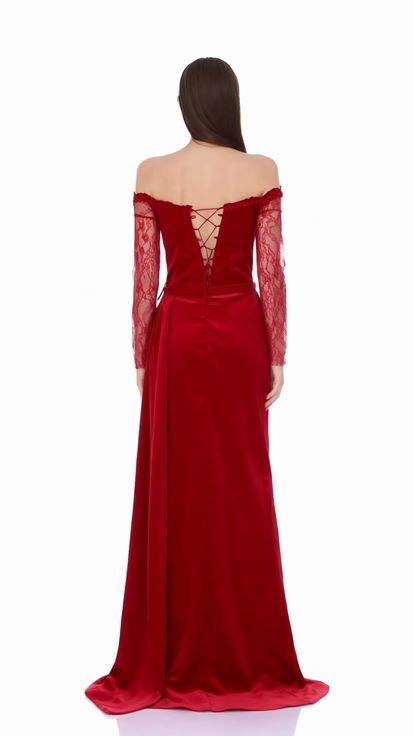Kırmızı Dantelli Saten Abiye Elbise