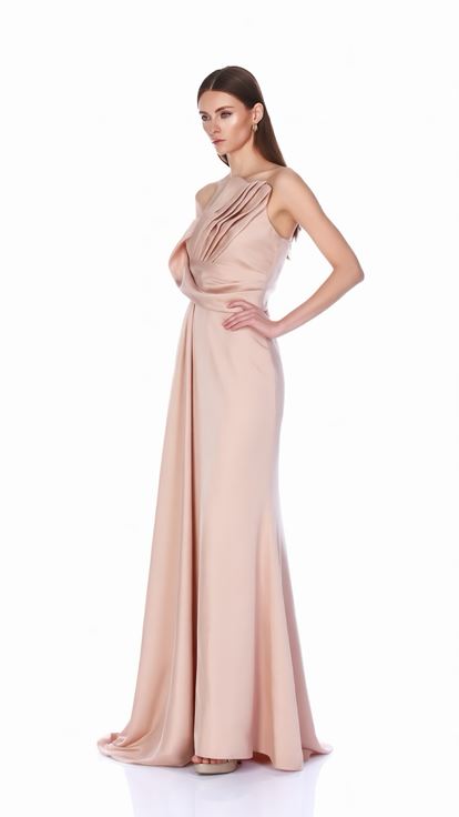 Puderrosa  schulterfreies  plissiertes Abendkleid
