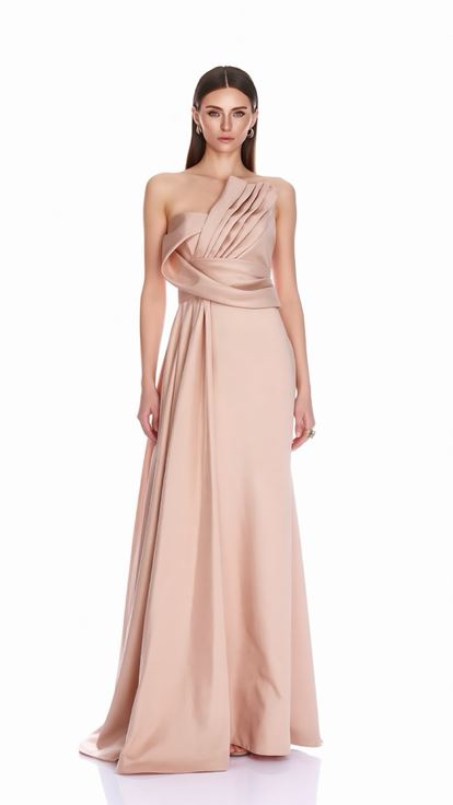 Puderrosa  schulterfreies  plissiertes Abendkleid