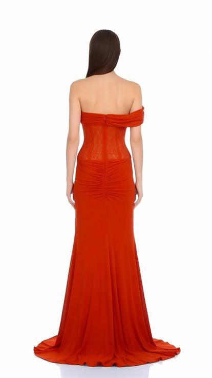 Orange Gold Aksesuarlı Gala Abiye Elbise