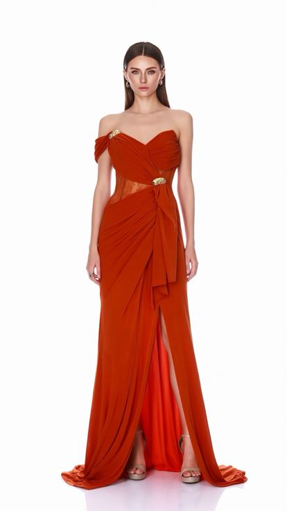 Orange Gold Aksesuarlı Gala Abiye Elbise